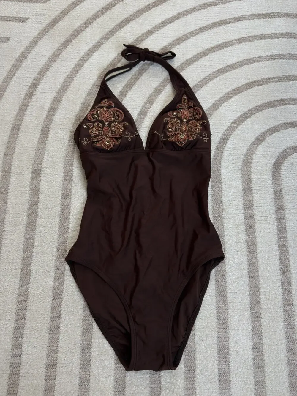 Liquid Blue Brown Halter One Piece Swimsuit Beaded Embroidered Swimwear Size M